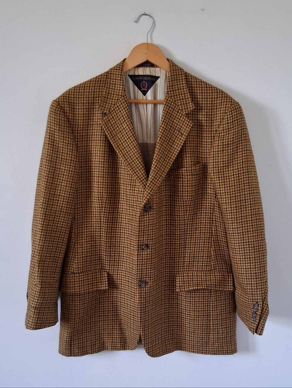 Tommy Hilfiger Men's Brown Blue Houndstooth Sport Coat Blazer 41R Vintage Wool